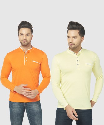 Unite Wear Solid Men Mandarin Collar Orange, Yellow T-Shirt