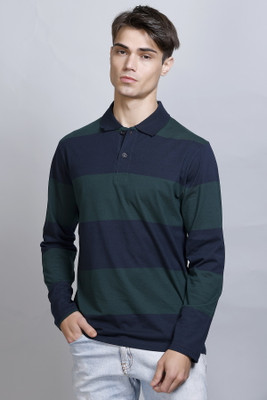 SANE ORIGINALS Striped Men Polo Neck Blue, Green T-Shirt
