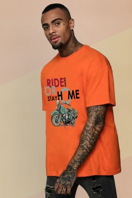 CHKOKKO Printed, Typography Men Round Neck Orange T-Shirt