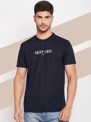 UBX Printed Men Round Neck Navy Blue T-Shirt