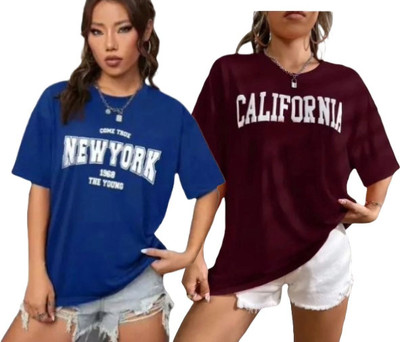 DIAZ Printed Women Round Neck Blue, Maroon T-Shirt