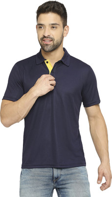 playR Solid Men Polo Neck Navy Blue T-Shirt