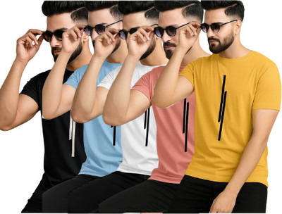 P collection Printed Men Round Neck Black, Light Blue, White, Pink, Yellow T-Shirt