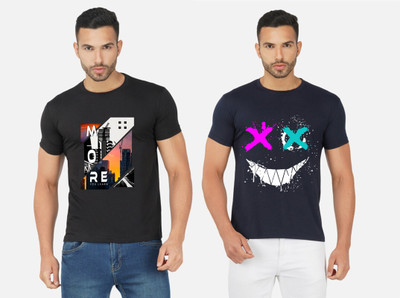 GLOBAL NOMAD Printed Men Round Neck Black, Navy Blue T-Shirt