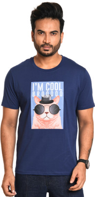 Mode Printed Men Round Neck Blue T-Shirt
