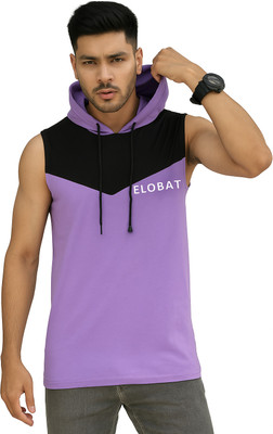 ELABOT Solid Men Hooded Neck Purple, Black T-Shirt