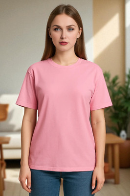 Elvia Solid Women Round Neck Pink T-Shirt