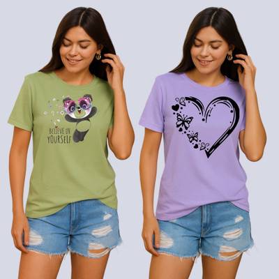 Lecowar Graphic Print Women Round Neck Green, Purple T-Shirt
