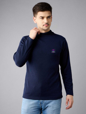 MVD Solid, Printed Men High Neck Navy Blue T-Shirt