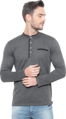 Tresna Trending Solid Men Mandarin Collar Grey T-Shirt