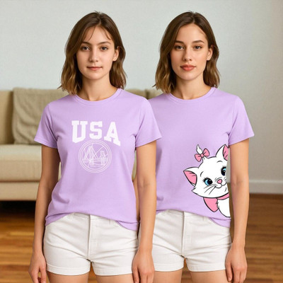 Elvia Printed Women Round Neck Purple T-Shirt