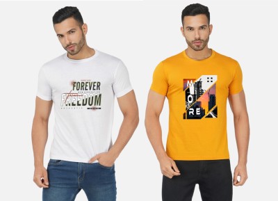 GLOBAL NOMAD Printed Men Round Neck Yellow, White T-Shirt