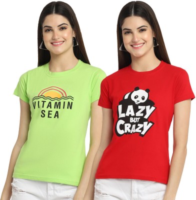 Fabflee Printed Women Round Neck Light Green, Red T-Shirt