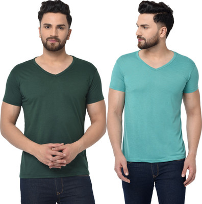 Tresna Trending Solid Men V Neck Dark Green, Light Green T-Shirt