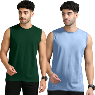 Adorbs Solid Men Round Neck Dark Green, Blue T-Shirt