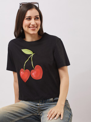 Globus Printed Women Round Neck Black T-Shirt