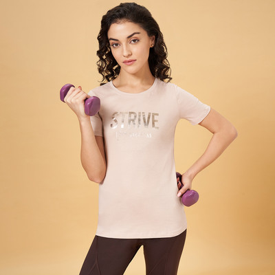 Ajile By Pantaloons Printed Women Round Neck Beige T-Shirt