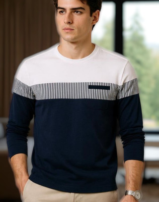 Boldrift Colorblock Men Round Neck Navy Blue, White T-Shirt