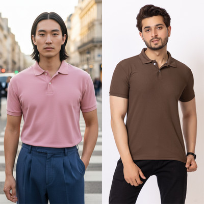 HILFIRE REGION Solid Men Polo Neck Pink, Brown T-Shirt