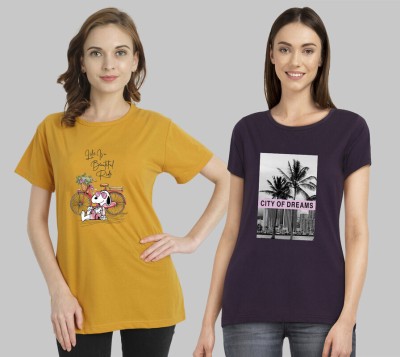 METRONAUT Printed Women Round Neck Yellow, Purple T-Shirt