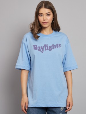 Moyzikh Printed, Typography Women Round Neck Light Blue T-Shirt