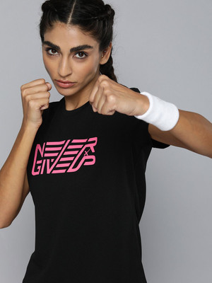 HRX by Hrithik Roshan Printed Women Round Neck Black T-Shirt