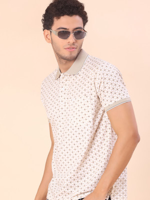 V-MART Printed Men Polo Neck Beige T-Shirt