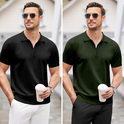 NTIFIC Solid Men Polo Neck Black, Dark Green T-Shirt