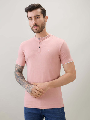 Status Quo Solid Men Henley Neck Pink T-Shirt