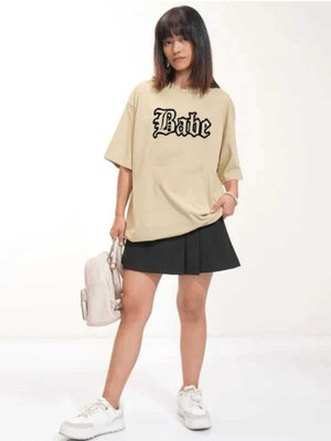 HouseOfCommon Self Design Women Round Neck Beige T-Shirt