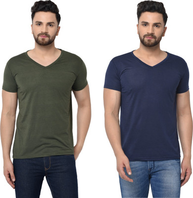 Adorbs Trend Solid Men V Neck Dark Blue, Dark Green T-Shirt