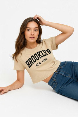Eveliy Printed, Typography Women Round Neck Beige T-Shirt