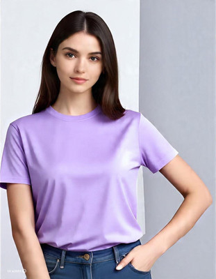 HouseOfCommon Solid Women Round Neck Purple T-Shirt