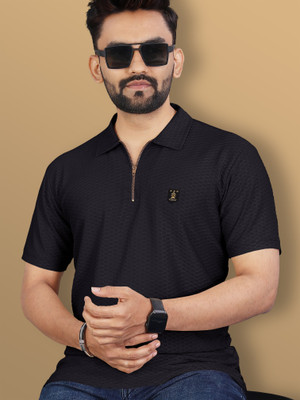 VeBNoR Self Design Men Polo Neck Black T-Shirt