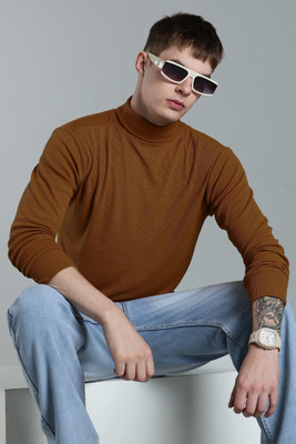 Cat Bunny Self Design High Neck Casual Men Brown Sweater