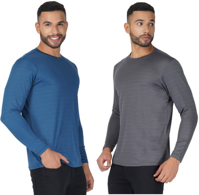 Sportinger Solid Men Round Neck Blue, Grey T-Shirt
