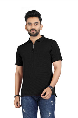 Gally Solid Men Zip Neck Black T-Shirt