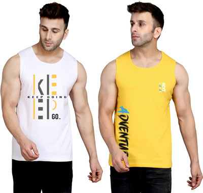 SLOWLORIS Printed Men Round Neck White, Yellow T-Shirt