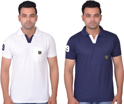 La Milano Solid Men Polo Neck Navy Blue, White T-Shirt