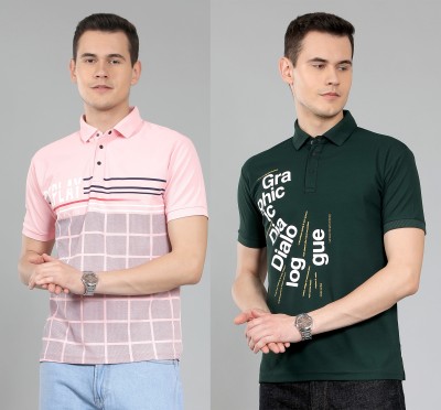 METRONAUT Self Design Men Polo Neck Pink, Green T-Shirt