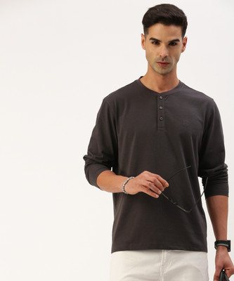 Hereafter Solid Men Henley Neck Grey T-Shirt