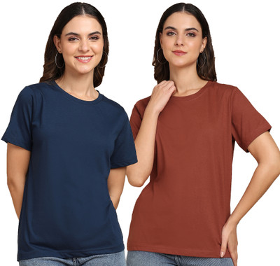 Adyavastram Solid Women Round Neck Brown, Light Blue T-Shirt