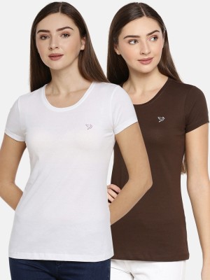 TWIN BIRDS Solid Women Round Neck White, Brown T-Shirt