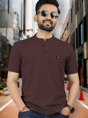 VeBNoR Solid Men Mandarin Collar Brown T-Shirt