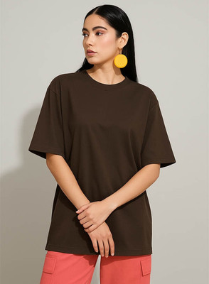 Hazuku Printed Women Round Neck Brown T-Shirt