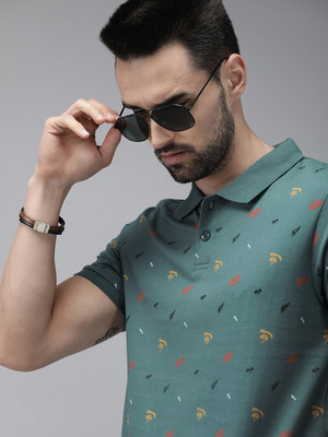 Roadster Printed Men Polo Neck Green T-Shirt