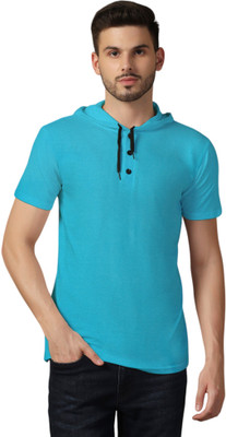 GEUM Solid Men Hooded Neck Light Green T-Shirt