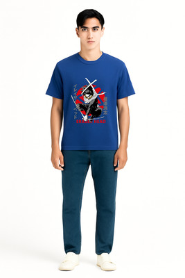 Clever Fox Graphic Print Men Round Neck Blue T-Shirt