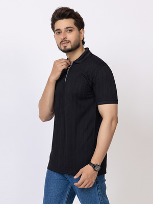 HANABY Self Design Men Polo Neck Black T-Shirt