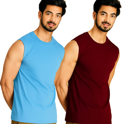 Moordale Solid Men Round Neck Blue, Maroon T-Shirt